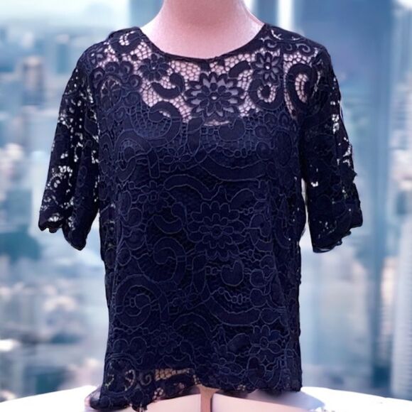 NANETTE LEPORE NWT DARK NAVY SPRING FLING LACE DETAIL TOP BLOUSE MEDIUM - Picture 3 of 7